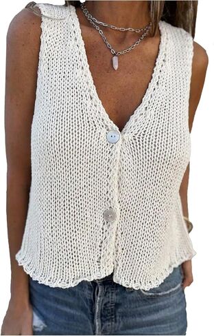 OYOANGLE Women's Button Up Crochet Sweater Vest Deep V Neck Sleeveless Knitwear Tops in Saudi Arabia