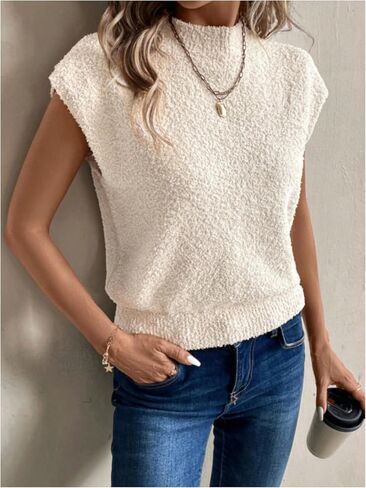 Verdusa Women's Mock Neck Sleeveless Fuzzy Sweater Vest Ribbed Cap Sleeve Pullover Tank Tops in Saudi Arabia