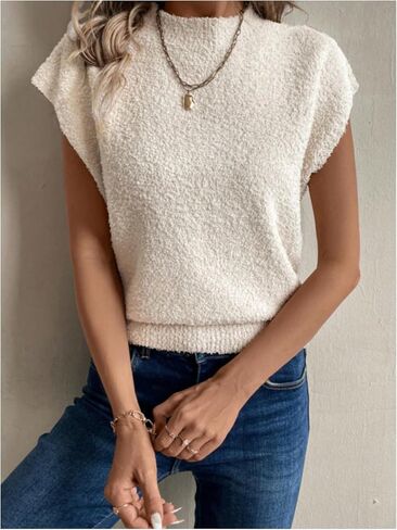 Verdusa Women's Mock Neck Sleeveless Fuzzy Sweater Vest Ribbed Cap Sleeve Pullover Tank Tops in Saudi Arabia