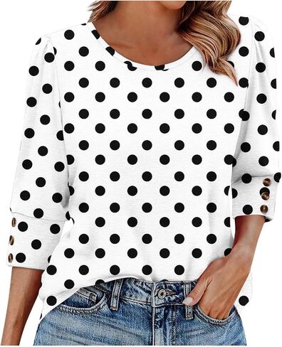 Womens Polka Dots Printed Shirts Casual 3/4 Sleeve Blouses Dressy Casual Crewneck Tops Fall Fashion Clothing in Saudi Arabia