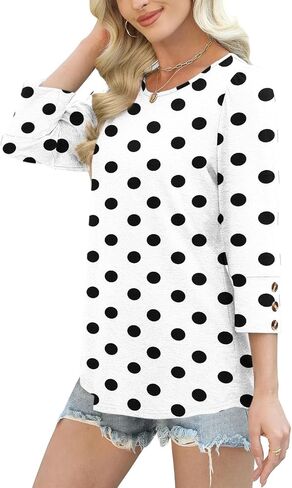Womens Polka Dots Printed Shirts Casual 3/4 Sleeve Blouses Dressy Casual Crewneck Tops Fall Fashion Clothing in Saudi Arabia