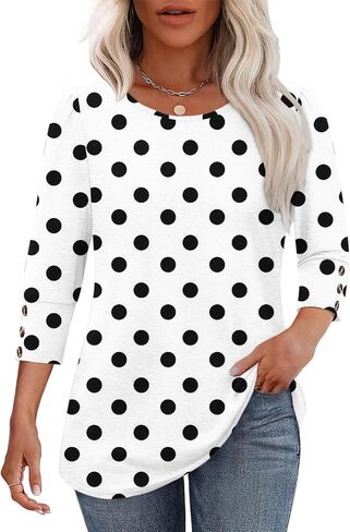 Womens Polka Dots Printed Shirts Casual 3/4 Sleeve Blouses Dressy Casual Crewneck Tops Fall Fashion Clothing in Saudi Arabia