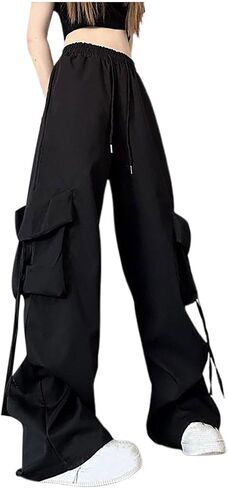 Cargo Pants for Women Baggy High Waisted Parachute Pant with Pockets Teen Girls Wide Leg Y2K Casual Trousers in Saudi Arabia