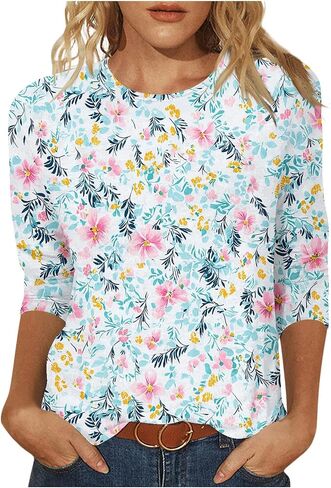 Womens Tops Round Neck 3/4 Length Sleeve Tops Blouses for Women Dressy Casual Floral Print Trendy Tshirt Graphic Tees in Saudi Arabia