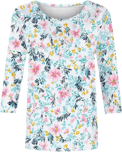Womens Tops Round Neck 3/4 Length Sleeve Tops Blouses for Women Dressy Casual Floral Print Trendy Tshirt Graphic Tees in Saudi Arabia