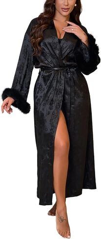 Luxury Satin Floral Texture Jacquard Long Length Wedding Robe with Faux Fur Trim in Kuwait