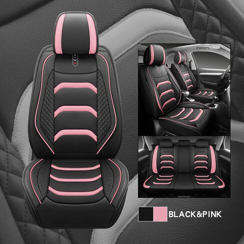 أغطية مقاعد السيارة من الجلد XYXY، غطاء وسادة للسيارات من الجلد الصناعي للسيارات وسيارات الدفع الرباعي والشاحنات الصغيرة، مجموعة ملائمة عالمية للملحقات الداخلية للسيارات (أسود-وردي) in Kuwait