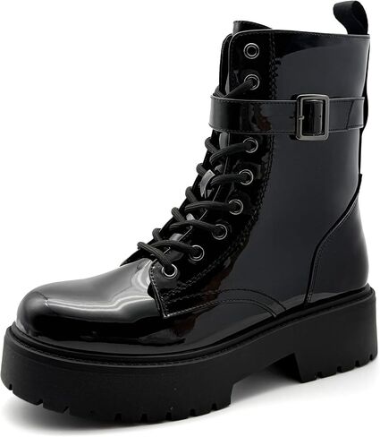Women's Chunky Heel Black Patent Leather Combat Boots, Ankle Booties with Side Zipper & Lace-Up Detail – Stylish, Edgy & Comfortable in Saudi Arabia