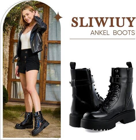 Women's Chunky Heel Black Patent Leather Combat Boots, Ankle Booties with Side Zipper & Lace-Up Detail – Stylish, Edgy & Comfortable in Saudi Arabia