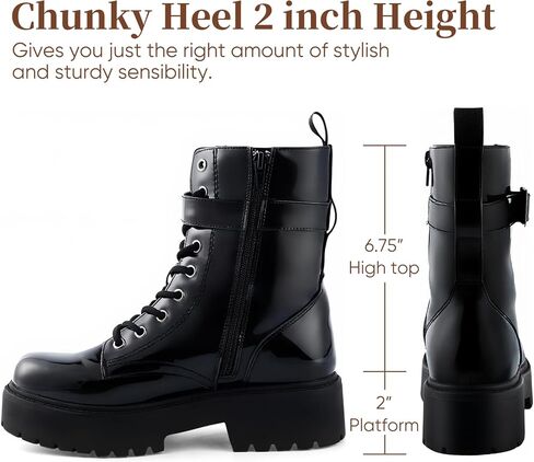 Women's Chunky Heel Black Patent Leather Combat Boots, Ankle Booties with Side Zipper & Lace-Up Detail – Stylish, Edgy & Comfortable in Saudi Arabia