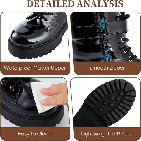 Women's Chunky Heel Black Patent Leather Combat Boots, Ankle Booties with Side Zipper & Lace-Up Detail – Stylish, Edgy & Comfortable in Saudi Arabia