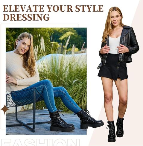 Women's Chunky Heel Black Patent Leather Combat Boots, Ankle Booties with Side Zipper & Lace-Up Detail – Stylish, Edgy & Comfortable in Saudi Arabia