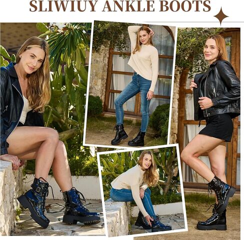 Women's Chunky Heel Black Patent Leather Combat Boots, Ankle Booties with Side Zipper & Lace-Up Detail – Stylish, Edgy & Comfortable in Saudi Arabia