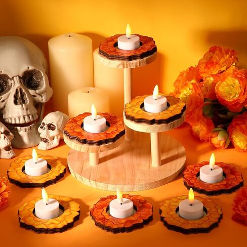 LemonRoad 12 Pcs Day of The Dead Wooden Candle Holders Día De Los Muertos Marigold Flower Table Centerpiece for Home Tabletop Decor Mexican Party Day of The Dead Decorations Halloween Party Favors in Saudi Arabia