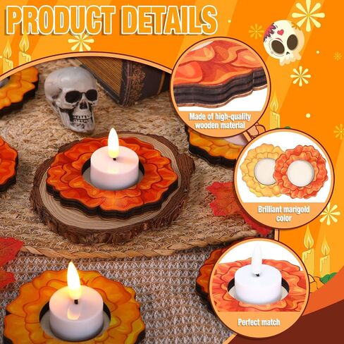 LemonRoad 12 Pcs Day of The Dead Wooden Candle Holders Día De Los Muertos Marigold Flower Table Centerpiece for Home Tabletop Decor Mexican Party Day of The Dead Decorations Halloween Party Favors in Saudi Arabia