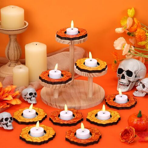 LemonRoad 12 Pcs Day of The Dead Wooden Candle Holders Día De Los Muertos Marigold Flower Table Centerpiece for Home Tabletop Decor Mexican Party Day of The Dead Decorations Halloween Party Favors in Saudi Arabia