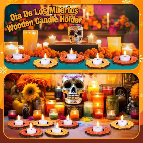 LemonRoad 12 Pcs Day of The Dead Wooden Candle Holders Día De Los Muertos Marigold Flower Table Centerpiece for Home Tabletop Decor Mexican Party Day of The Dead Decorations Halloween Party Favors in Saudi Arabia