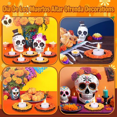 LemonRoad 12 Pcs Day of The Dead Wooden Candle Holders Día De Los Muertos Marigold Flower Table Centerpiece for Home Tabletop Decor Mexican Party Day of The Dead Decorations Halloween Party Favors in Saudi Arabia