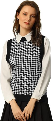 Allegra K Women's Round Neck Vest Sleeveless Houndstooth Plaid Knitted Sweater in Saudi Arabia