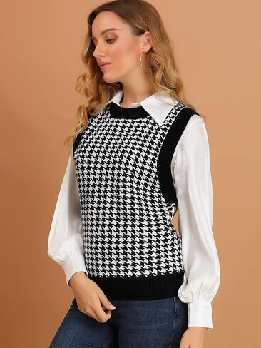 Allegra K Women's Round Neck Vest Sleeveless Houndstooth Plaid Knitted Sweater in Saudi Arabia