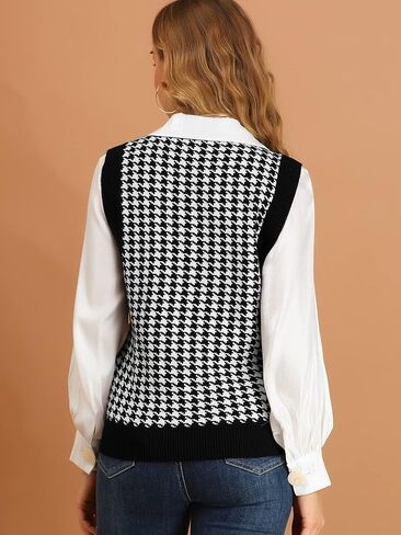 Allegra K Women's Round Neck Vest Sleeveless Houndstooth Plaid Knitted Sweater in Saudi Arabia