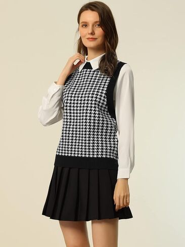 Allegra K Women's Round Neck Vest Sleeveless Houndstooth Plaid Knitted Sweater in Saudi Arabia