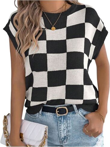 WDIRARA Women's Plaid Checkered Sweater Vest Crew Neck Sleeveless Knit Tops in Saudi Arabia