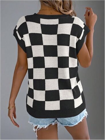 WDIRARA Women's Plaid Checkered Sweater Vest Crew Neck Sleeveless Knit Tops in Saudi Arabia