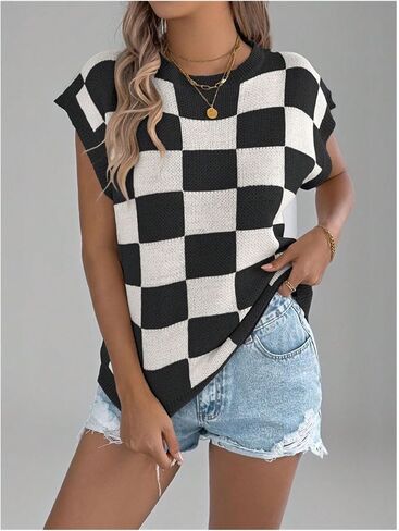 WDIRARA Women's Plaid Checkered Sweater Vest Crew Neck Sleeveless Knit Tops in Saudi Arabia