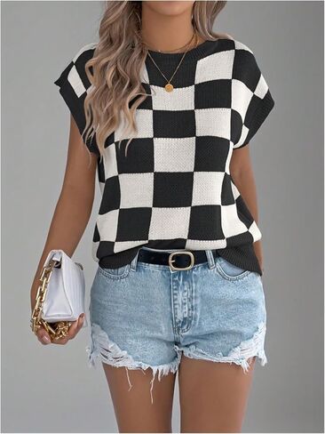 WDIRARA Women's Plaid Checkered Sweater Vest Crew Neck Sleeveless Knit Tops in Saudi Arabia