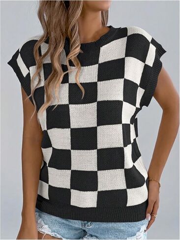 WDIRARA Women's Plaid Checkered Sweater Vest Crew Neck Sleeveless Knit Tops in Saudi Arabia