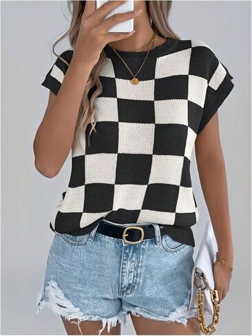 WDIRARA Women's Plaid Checkered Sweater Vest Crew Neck Sleeveless Knit Tops in Saudi Arabia
