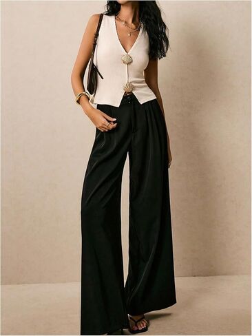 SHENHE Women's Ribbed Sleeveless Sweater Vest Gold Metal V Neck Dressy Going Out Knit Top in Saudi Arabia