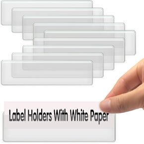 Self Adhesive Label Holders, ELEMGULY 52 Pcs Adhesive Shelf Tag Shelf Label Holder Clear Pocket Holder with Paper for Supermarket, Bookshelf, Kitchen (4.3 x 1.2 Inch)
