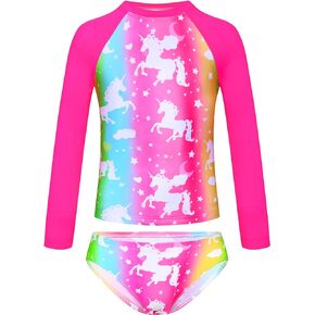 TENVDA Girls Swimsuit Long Sleeve Rash Guard Sets UPF 50+ Two Piece Bathing Suits Size 3-12 Years