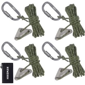 Hikeman 4 Pack Camping Rope with Locking Carabiner Clip,4mm Reflective Guy Lines with Triangular Guyline Adjuster Tensioner,Nylon Cord for Tent Tarp Tie Down,Hiking,Backpacking (Black)