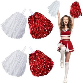 4 Pcs Pom Poms Cheerleading Spirited Fun Pom Poms Cheer Metallic Foil Handle Cheerleading Poms Cheer Squad Team for Party, Sports Dance Cheer, 30 Grams Weight Each (Gold, Red)