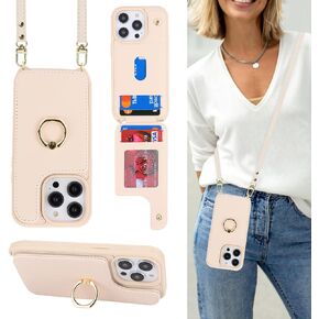 for iPhone 14 Pro Case with Card Holder for Women,iPhone 14 Pro Phone Case with Strap,Crossbody Lanyard,Ring Stand,Snap Clasp,Cute Wallet Cases 6.1 inch (Beige)