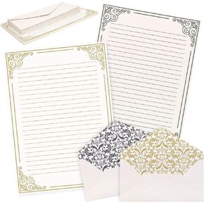 AnyDesign 60 Sheets Vintage Stationery Paper with 30Pcs Self-Adhesive Envelopes Gold Black Border Letter Paper Liner Double-Sided Writing Paper for Birthday Wedding Invitation Thank You Greetings