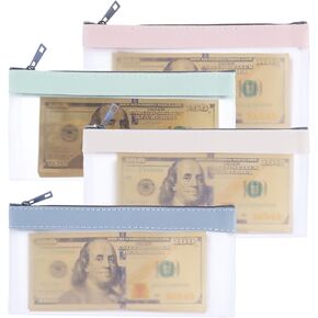 4 Pcs Money Bags with Zipper, Clear Cash Envelopes Coin Purse, Money Envelopes for Cash Saving, For Check Wallet Receipt Organizer Tool Pouch