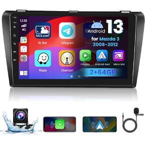 [2+64G] Android 13 Stereo for Mazda 3 Radio Screen 2006-2012 with Wireless Apple CarPlay Android Auto, 9 Inch Touchscreen GPS Navigation Radio with WiFi RDS Backup Camera