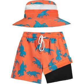 Boys Swim Trunks with Sun Hat Compression Liner Swim Shorts Quick Dry Beach Short Breathable Bucket Hat Set for 3-14 Years