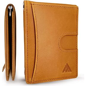 Minimalist wallet for men slim front pocket wallet with money clip combo bifold leather wallet with pull tab credit card holder RFID blocking (Hybrid, Brown)
