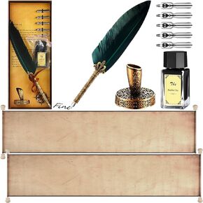 Epakh 2 Blank Scroll Paper with Wood Rods and 1 Feather Pen Set 7.5 x 30-32 Inches Scroll Prop Calligraphy Quill Pen with Nibs Inkwell Stand for Nice List Wedding Vows Writing Cosplay Prop Invitation