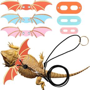 3 Pcs Bearded Dragon Harness 3 Size Adjustable Cool Leather Lizard Leash Harness Bearded Dragon Leash with Wings for Reptile Safety Walking Accessories (Black)