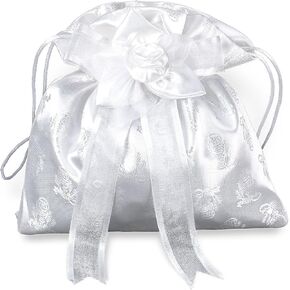 Girls First Communion White Purse with Bow and Cord Closure, 8 1/2 Inch