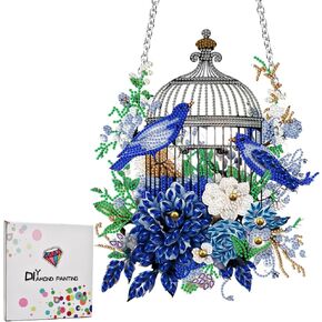 Diamond Painting Kits Hanging Pendant, DIY Flower Birdcage Crystal Art Hanging Sign Special Shaped Diamond Art Window Hanging Ornament for Home Garden Door Wall Decoration