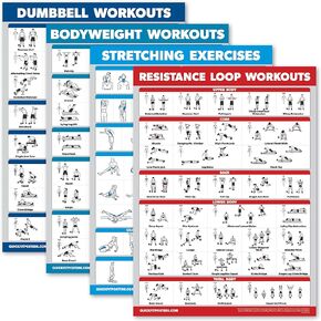 Palace Learning 4 Pack - Dumbbell Workouts + Bodyweight Workouts + Stretching Exercises + Resistance Loops - Set of 4 Workout Charts (18" x 24", LAMINATED)