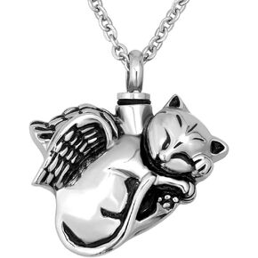Cute Angel Cat Pet Urn Necklace for Ashes Cremation Jewelry Memorial Animal Stainless Steel Pendant Ashes Holder Keepsakes Jewelry