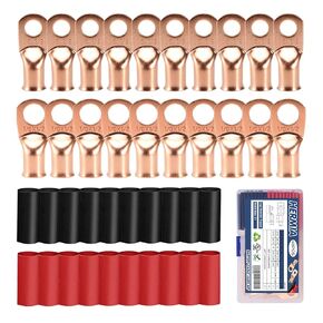 20 Pack UL Heavy Duty Wire Lugs 1/0 AWG-1/2'', 1/0 AWG-3/8'' Tubular Ring Terminals Connectors Battery Cable Ends, Bare Copper Eyelets with 3:1 Dual Wall Adhesive Heat Shrink
